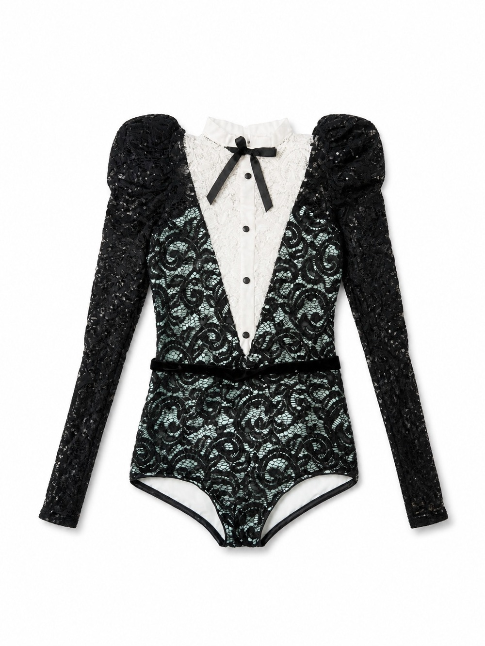 Black Lace Puff-Sleeve Bodysuit with White Lace Bib Small Adult